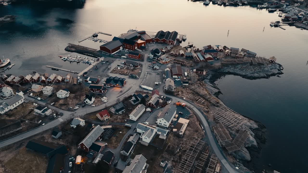 Reine, Lofoten Islands, Nordland, Norway - A Peaceful Fishing Village Sits by the Calm Harbor - Aerial Drone Shot