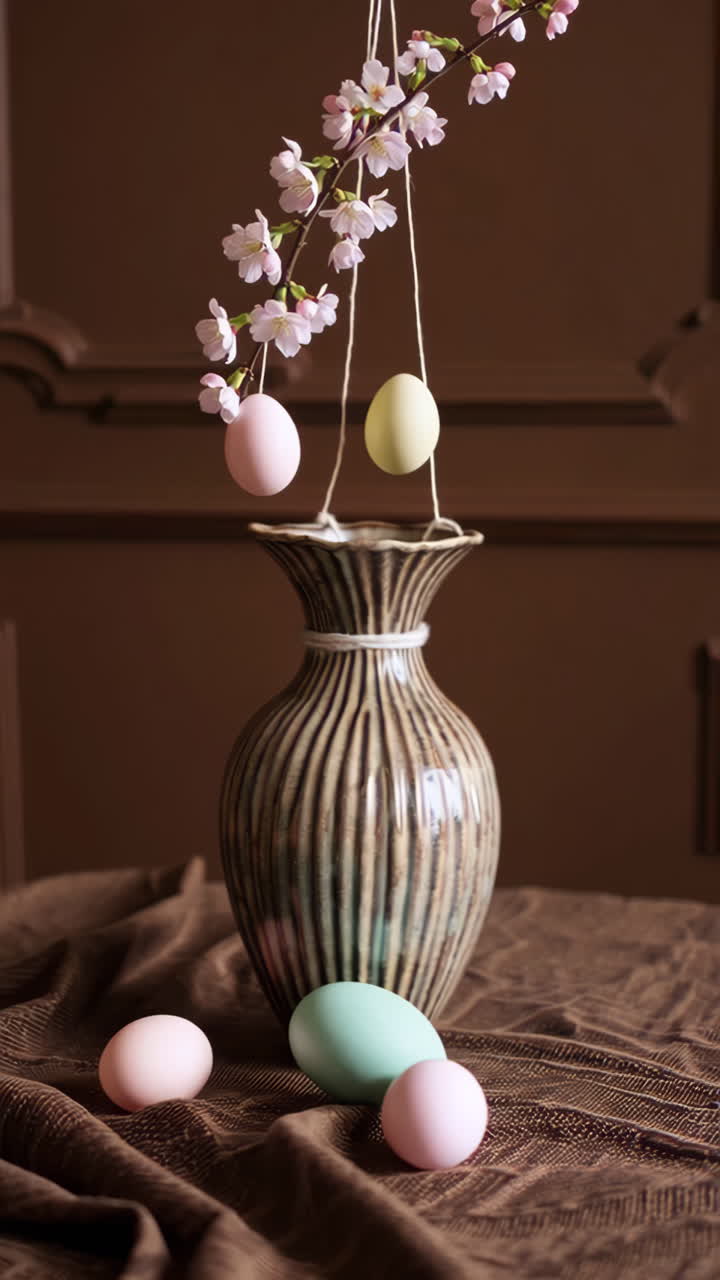 Easter Decoration with Pastel Eggs and Cherry Blossoms in a Vase