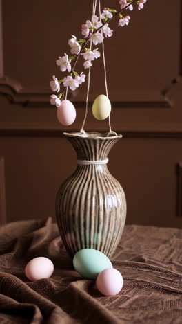 easter decoration with pastel eggs and cherry blossoms in a vase