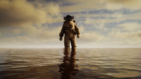 Spaceman-in-the-sea-under-clouds-at-sunset