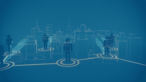 animation of network of connections with people icons over cityscape on blue background