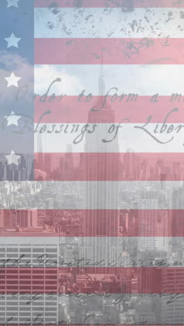 animation of american flag and constitution text over cityscape