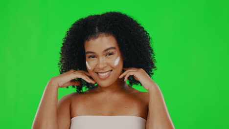 face, green screen and woman with cream