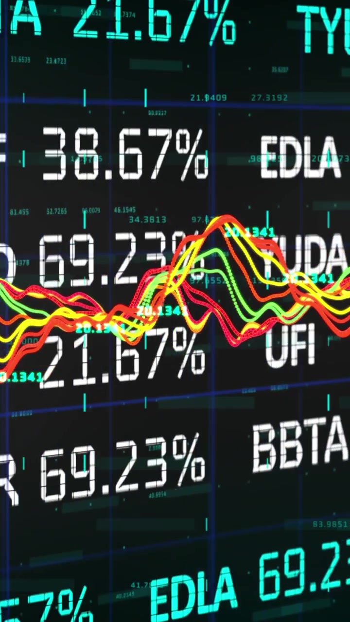 Animazione di elaborazione dati e borsa con linee colorate in movimento su sfondo nero