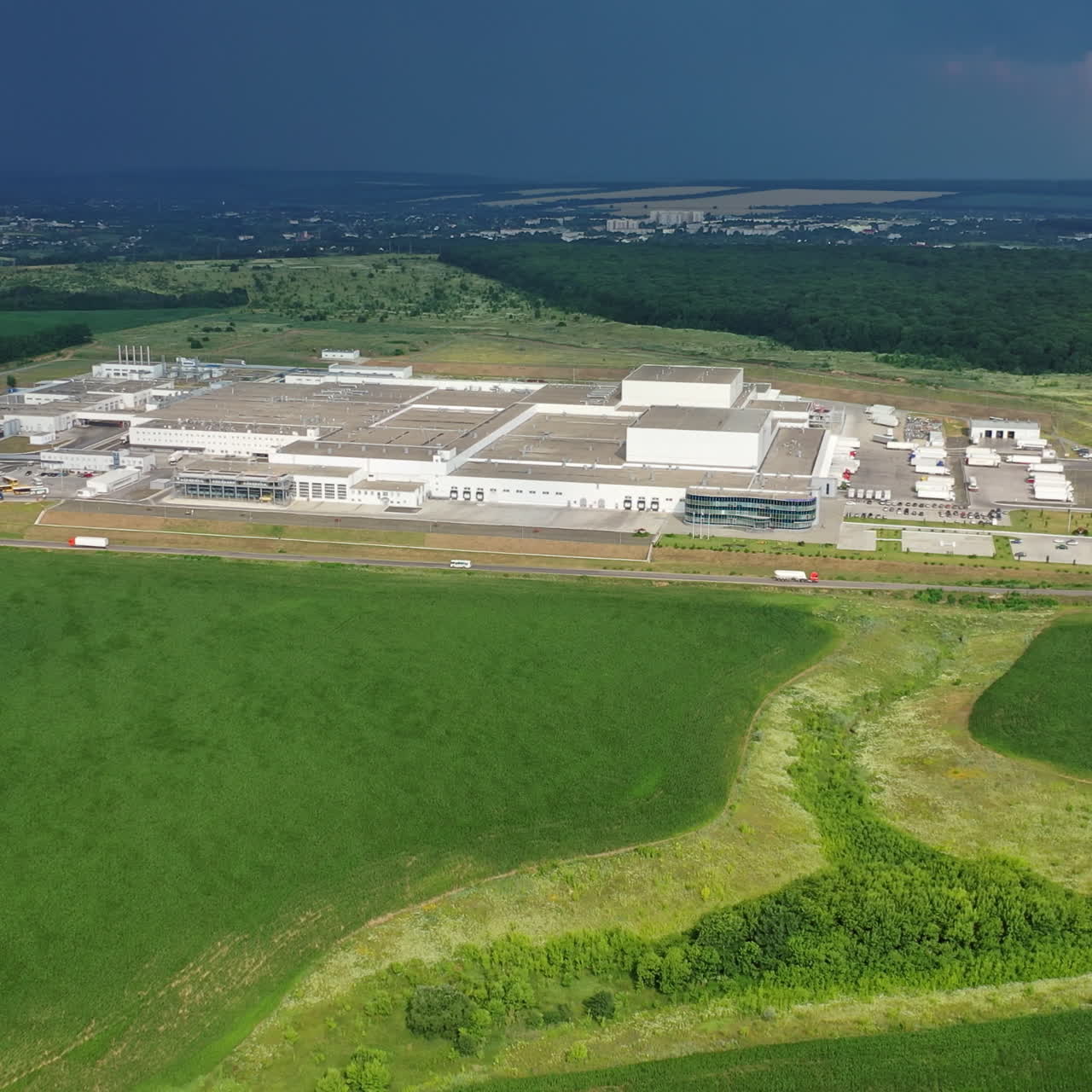Aerial view of a modern poultry farm. Modern Factory Exterior