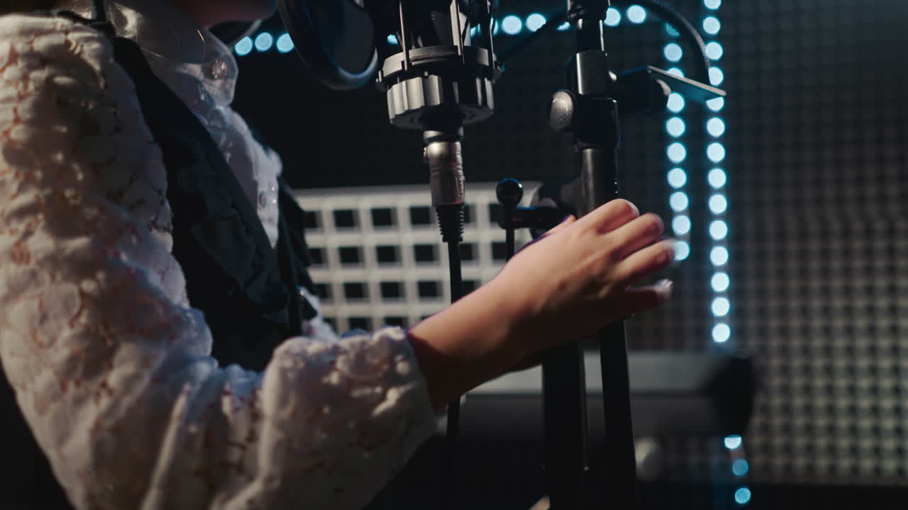 아이는 오디오 스튜디오에서 마이크 스탠드를 가지고 놀고, 어린 소녀는 단열된 방에서 노래하는 동안 악기 키를 누르며 모방합니다.