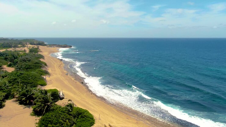Exotic sandy beach and road in Puerto Rico, aerial view