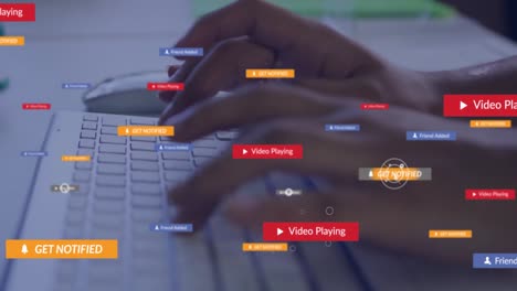 Animation-of-social-media-icons-against-mid-section-of-a-person-typing-on-keyboard