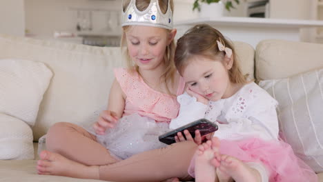 smartphone, sofa and princess children watch