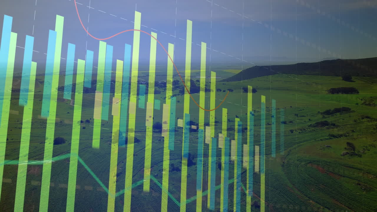 Translucent multicolor bar charts and red line graph floating over green fields, showing grid lines