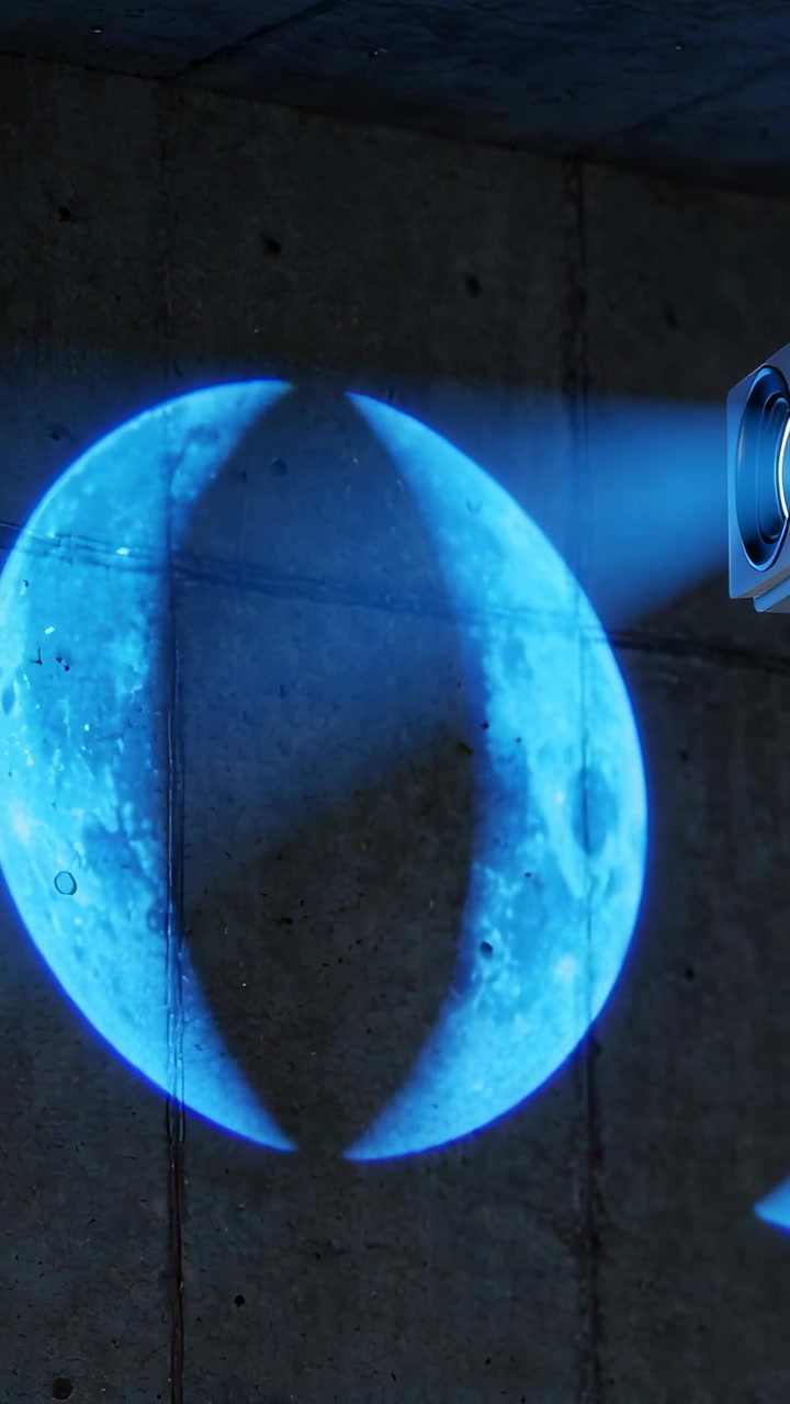 Vertical video: Projector casting moon from moving beam, shadow wedge shifting across panel wall