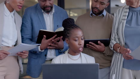 Training,-brainstorming-and-black-woman-at-laptop