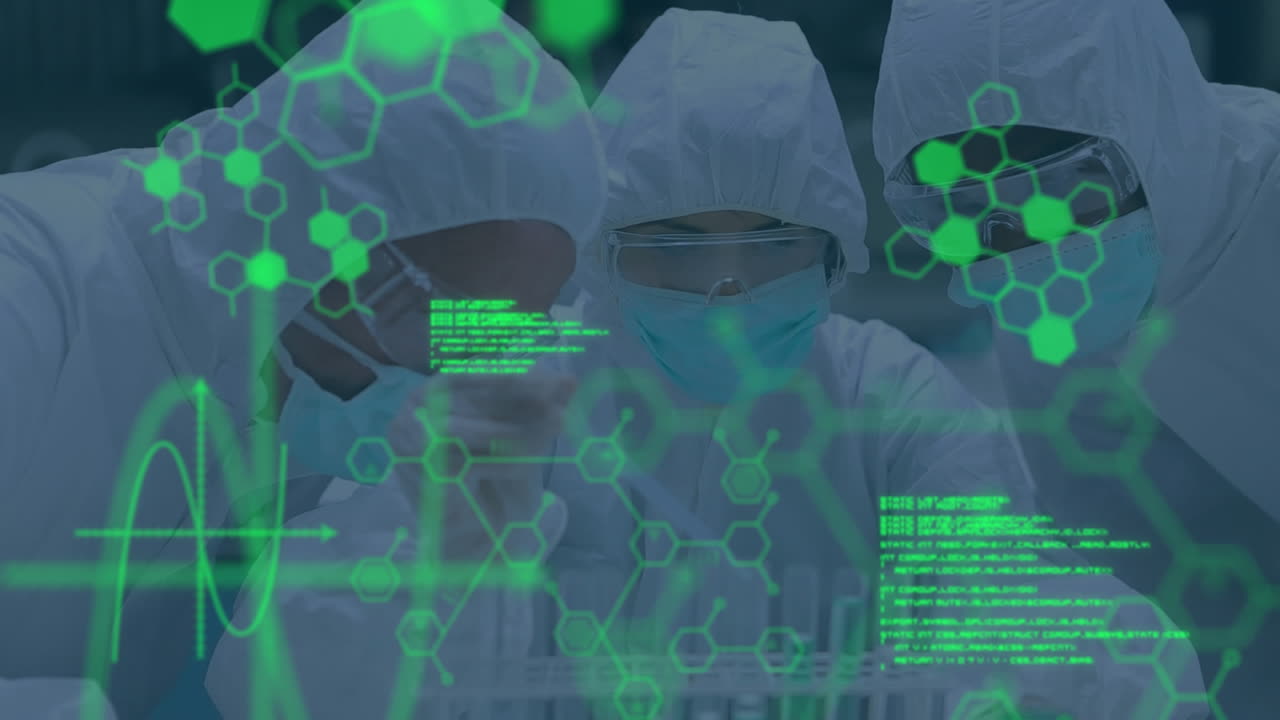 컴퓨터 언어의 애니메이션, 안전 장비를 가진 다양한 과학자, 시험 튜브에서  ⁇ 플을 검사