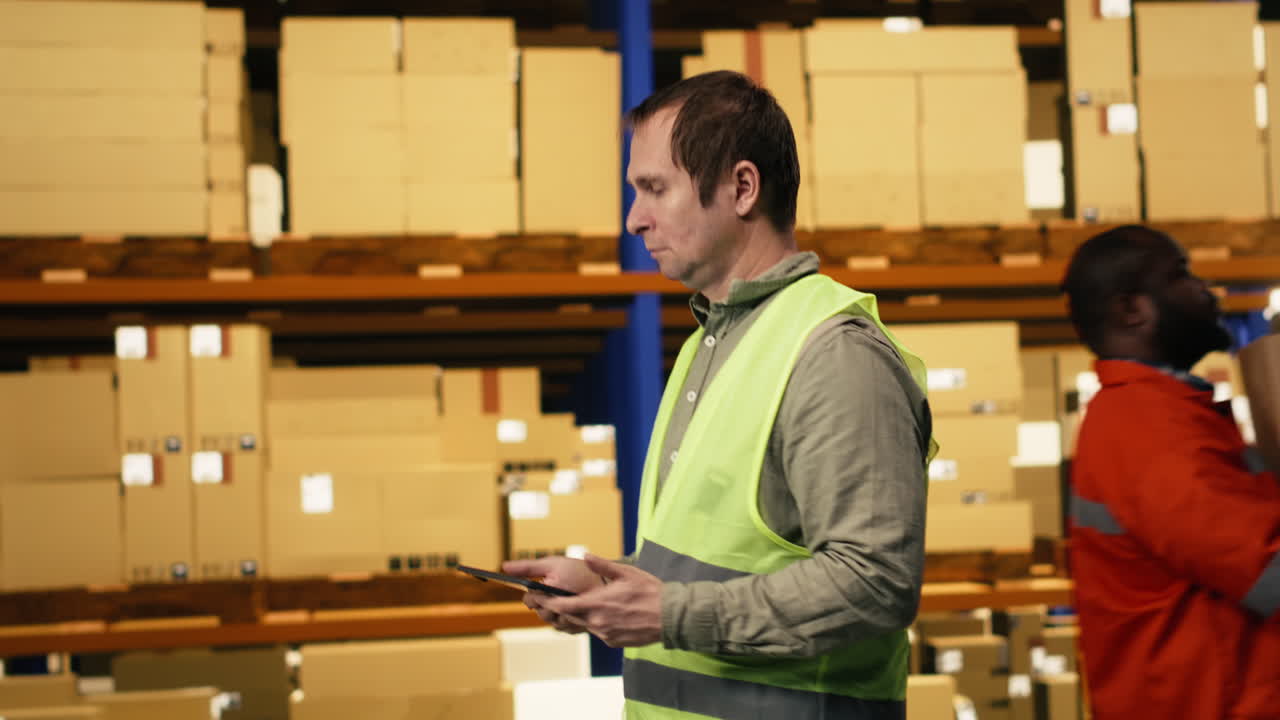Professional staff member reviewing inventory data in warehouse distribution hub