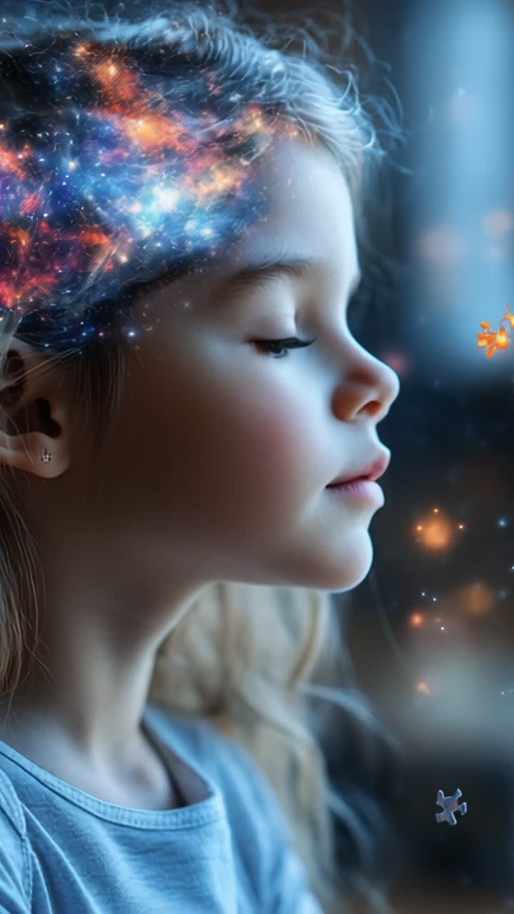 Girl dreams of cosmic adventure. A young girl gazes thoughtfully as colorful cosmic elements swirl around her imagination indoors during the evening.