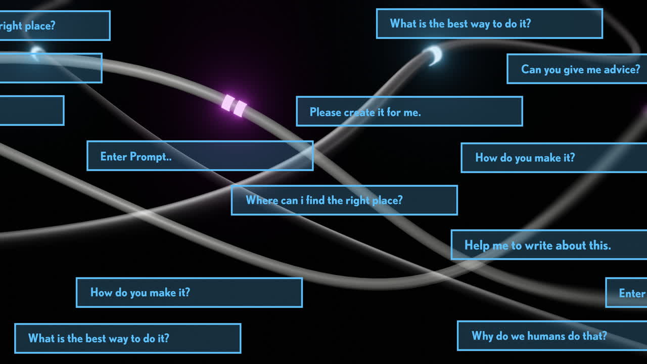 Questions and prompts animation over glowing lines on dark background