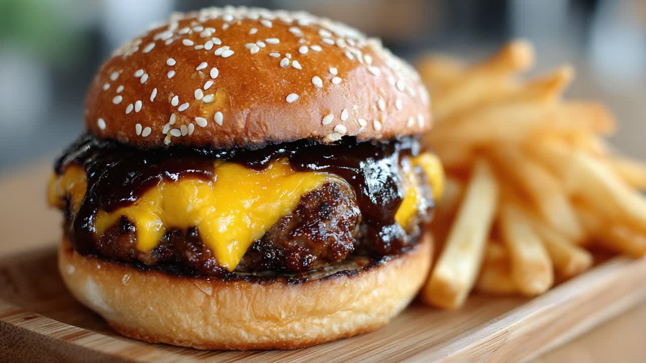 Hamburger deliziosamente appetitoso con formaggio cheddar e gustosa salsa barbecue accompagnato da croccanti patatine fritte su un piatto di legno