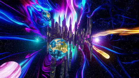vibrant futuristic cityscape floating in cosmic space