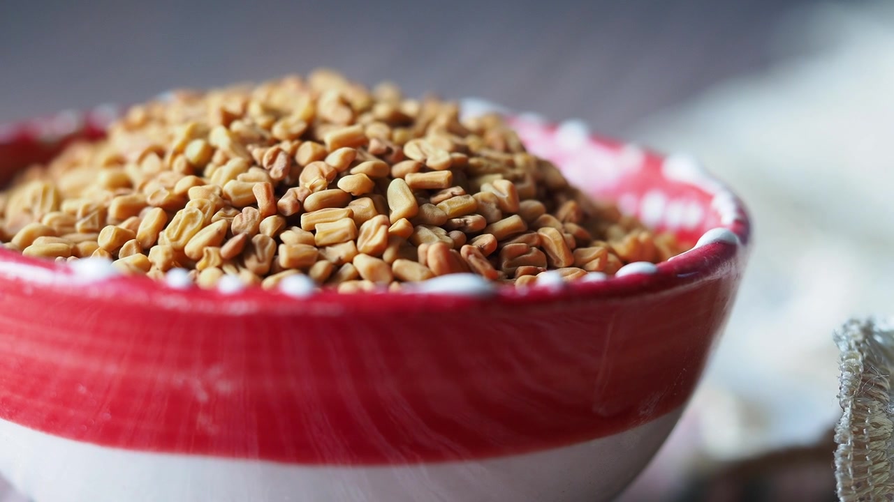 Close-up of Fenugreek Seeds in a Red Bowl
