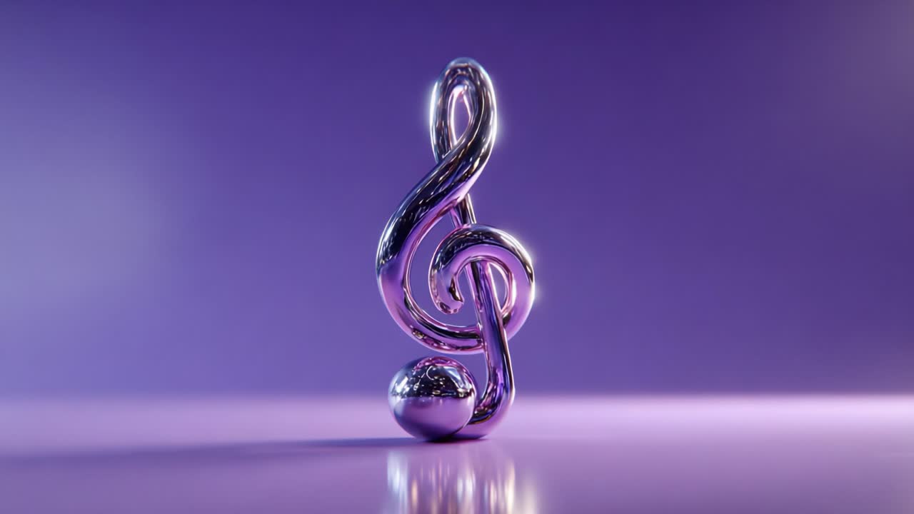 A Stunning Visual of a Gleaming Musical Symbol: A Metallic Treble Clef Shining Against a Purple Background, Capturing the Essence of Music and Artistry in a Unique Design