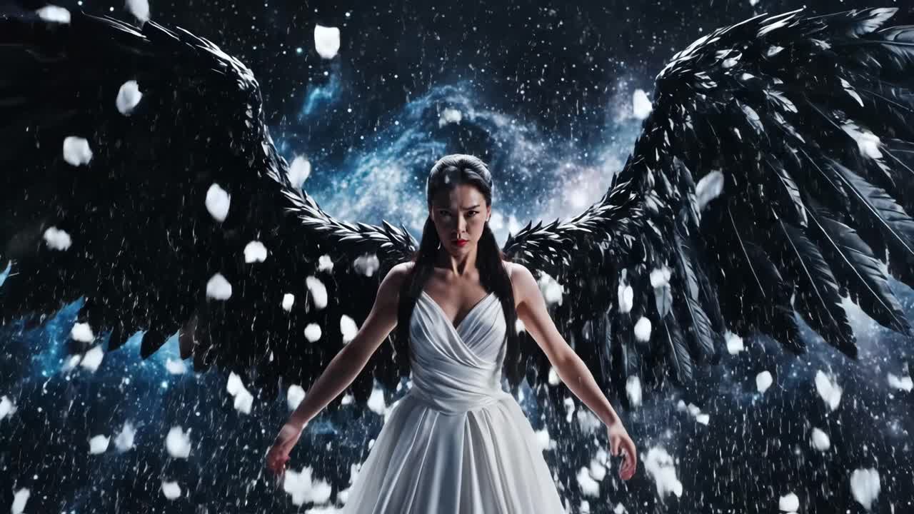 Donna con ali d'angelo in un contesto galattico