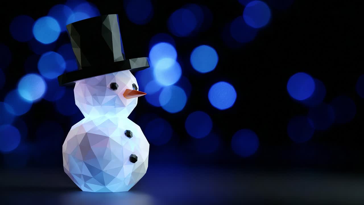 A Charming Polygonal Snowman Crafted with Intricate Geometric Shapes and Set Against a Stunning Blue Bokeh Background, Perfectly Capturing the Essence of Winter Festivities and Seasonal Joy