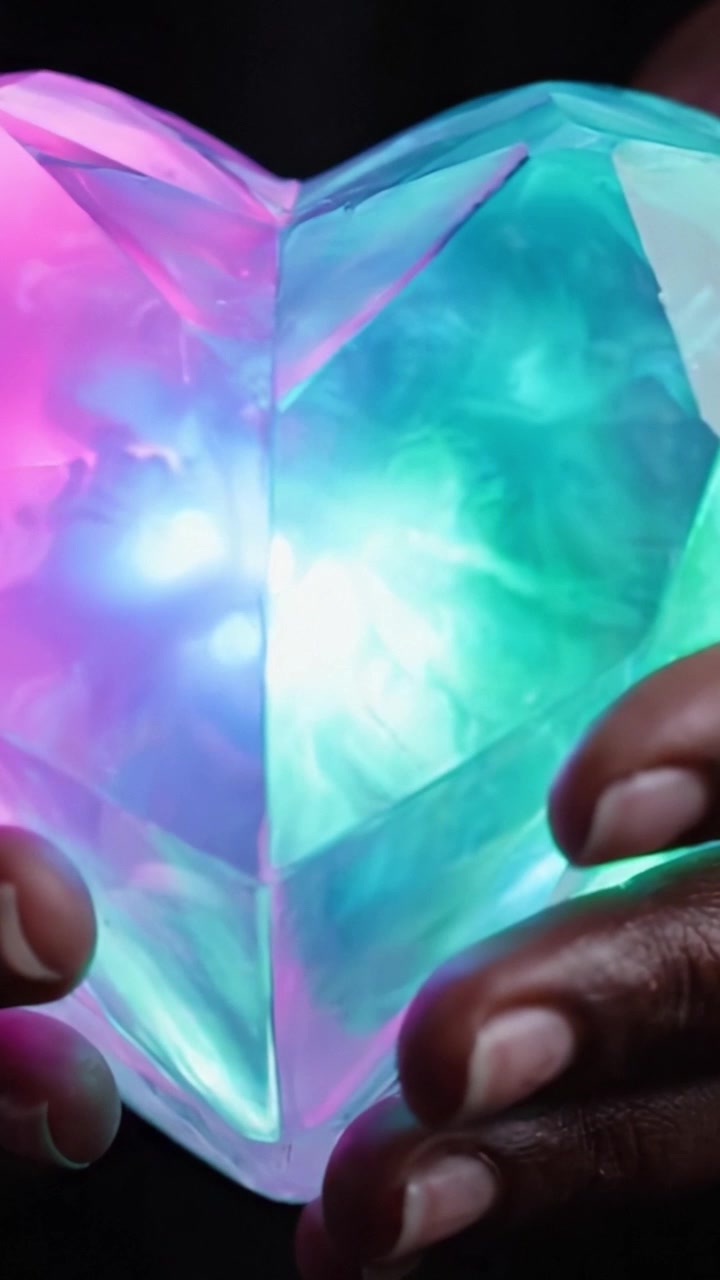 Un Cuore Luminescente Sbalorditivo: Affascinante Trasformazione di un Oggetto Luminoso Colorato tra le Mani, che Emette Bagliore e Vivacità in Motivi Intricati