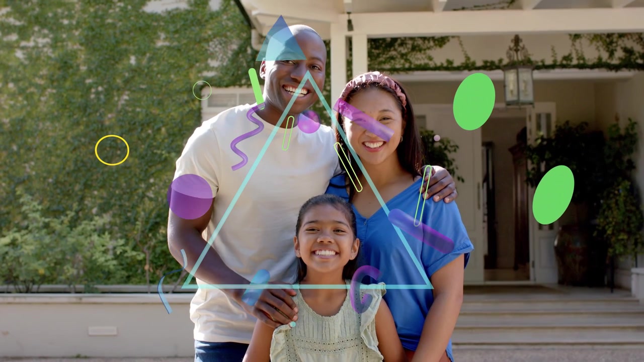 Vertical video: Family posing on porch marketing animation starting with neon triangle and shapes