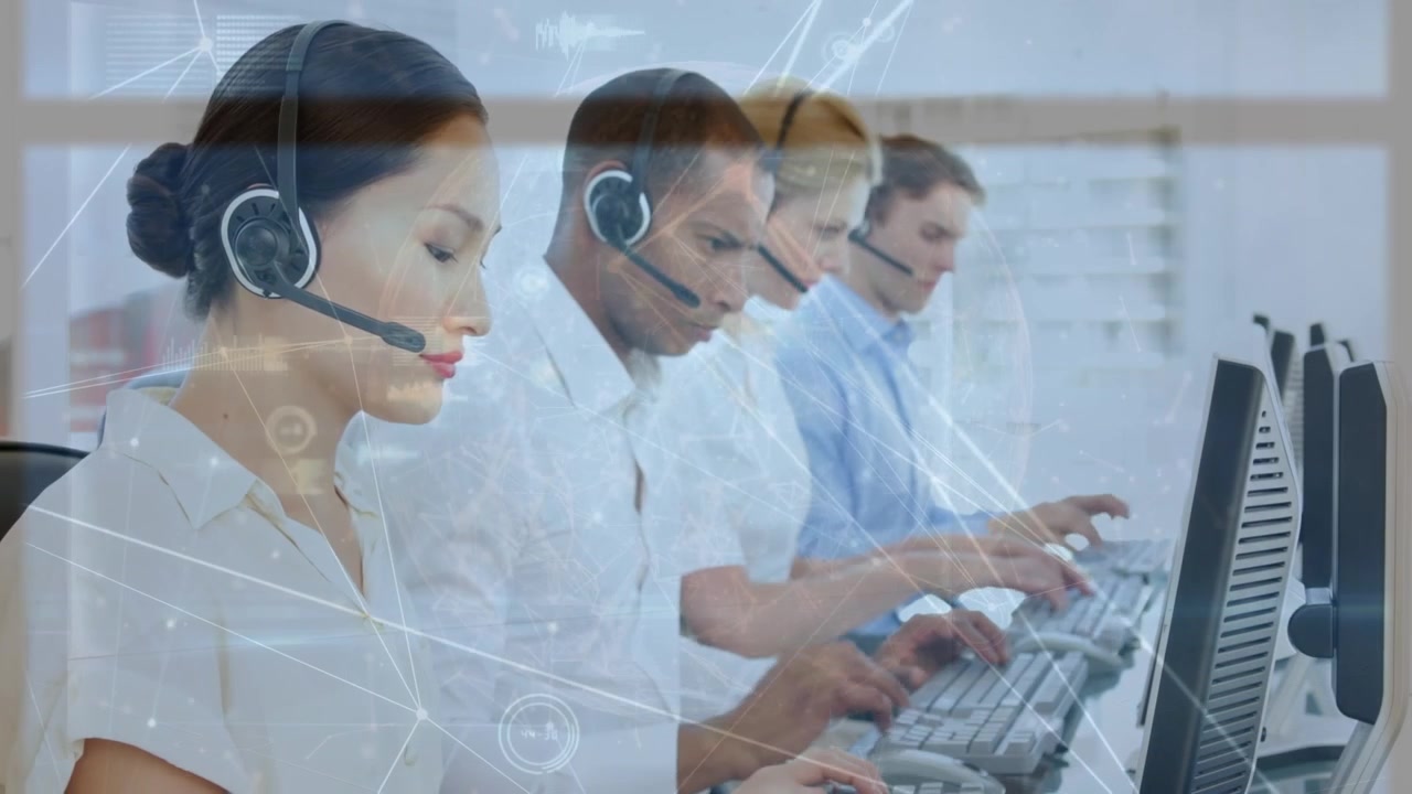 Animation of data processing over diverse business people using phone headsets