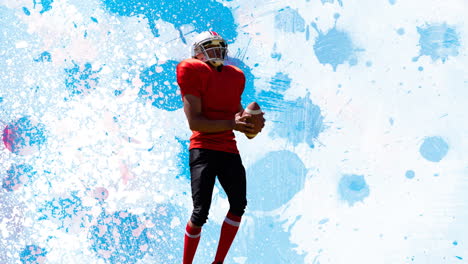 animation of american football player holding ball on abstract painted blue and white background