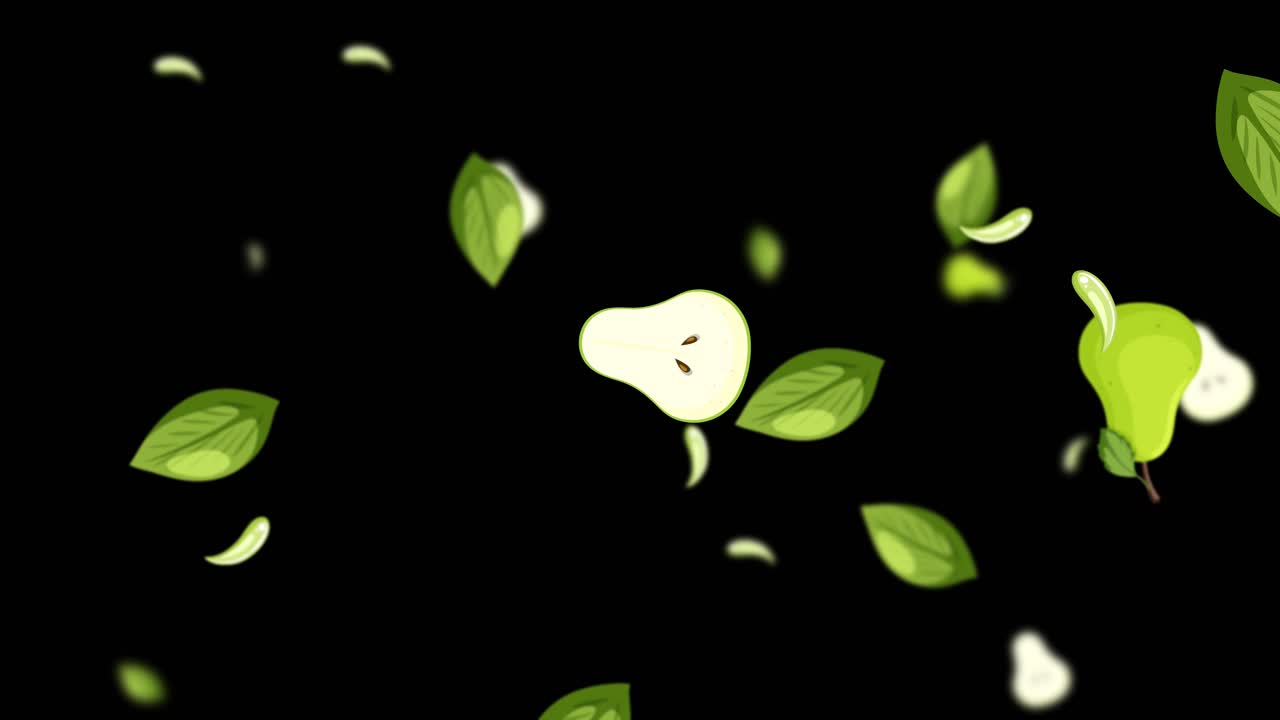 Pears and leaves falling against a dark backdrop