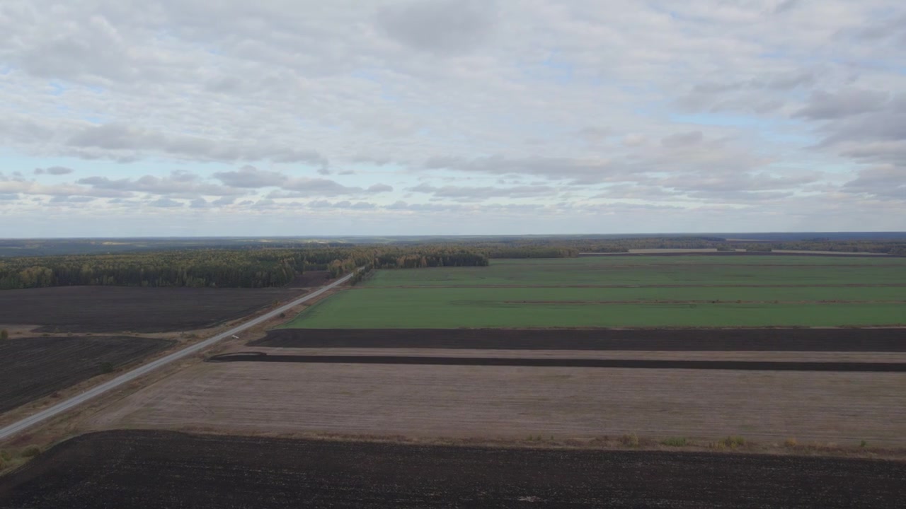 Drone view of green and brown autumn farmland under blue sky in Ural, Russia