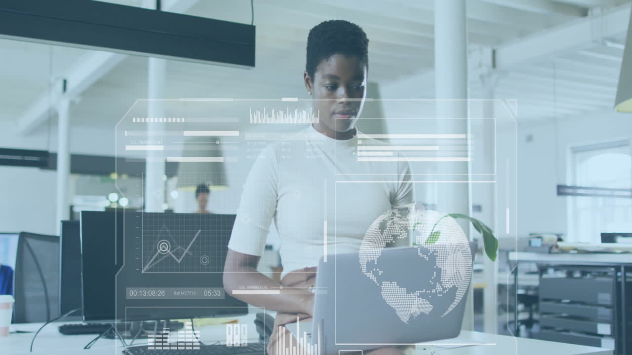 Animation of financial data processing over african american businesswoman in office