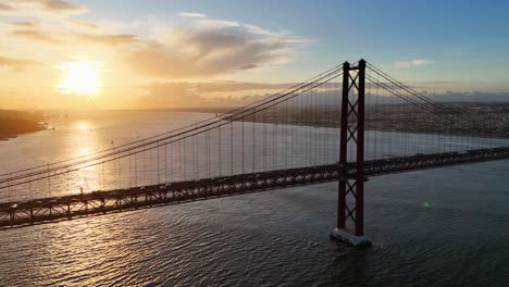 scenic drone footage of lisbon’s suspension bridge at dusk