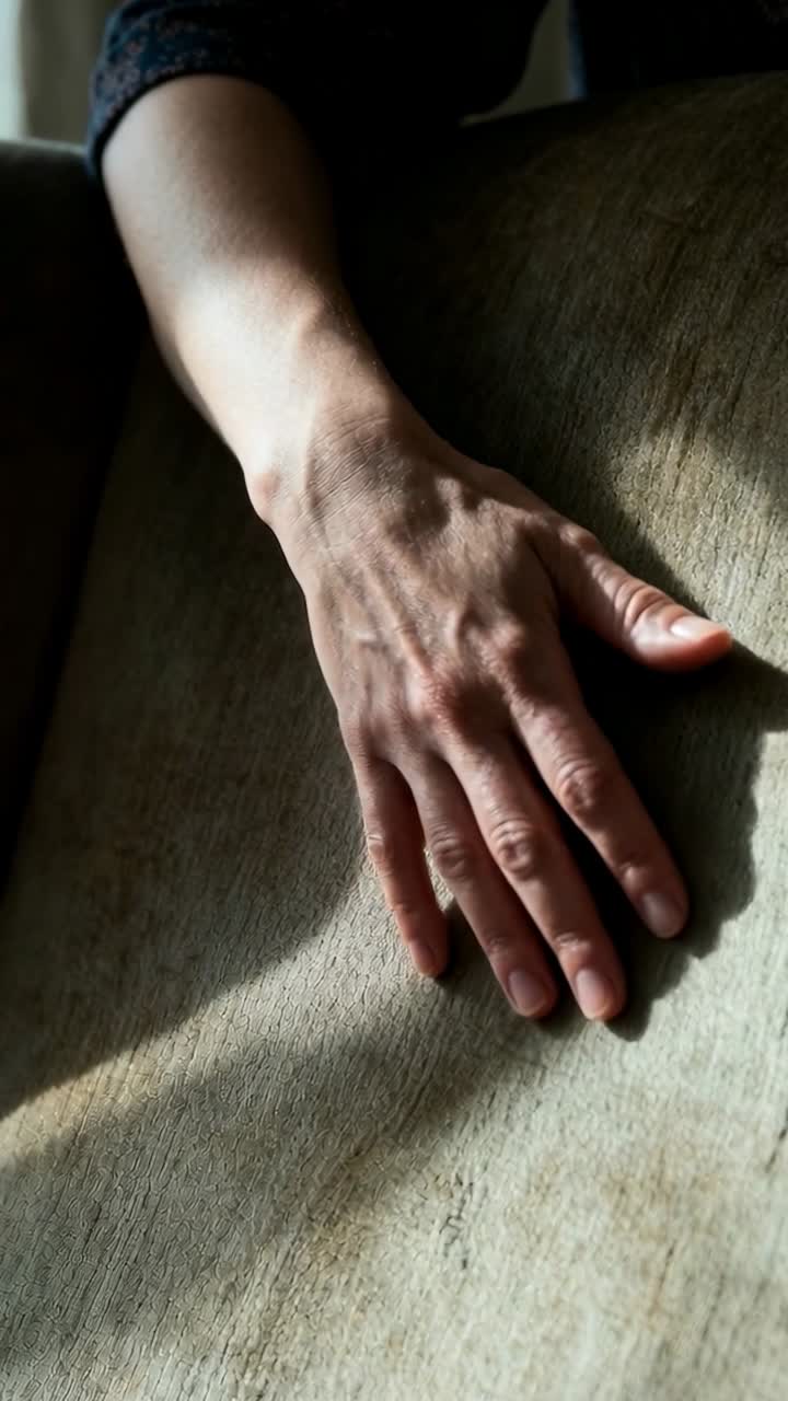 Vertical video: Resting arm and hand with print sleeve, moving fingers as light shifting on sofa