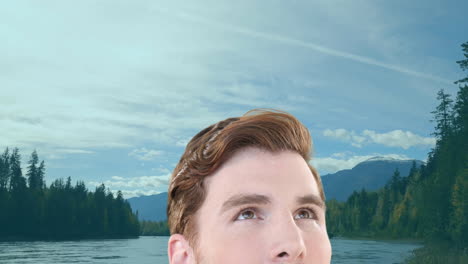 animation of caucasian man looking around over landscape