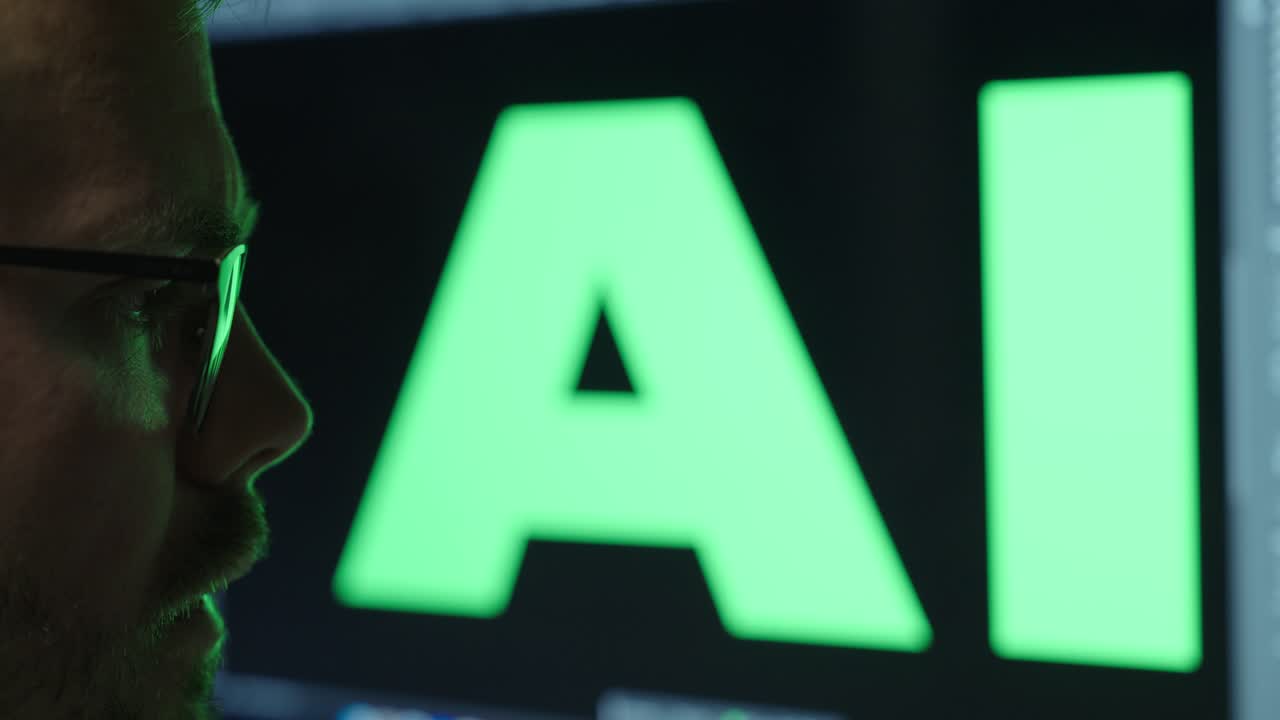 Close-up of a man grinning, with a large display behind him showing the word ‘AI’ prominently