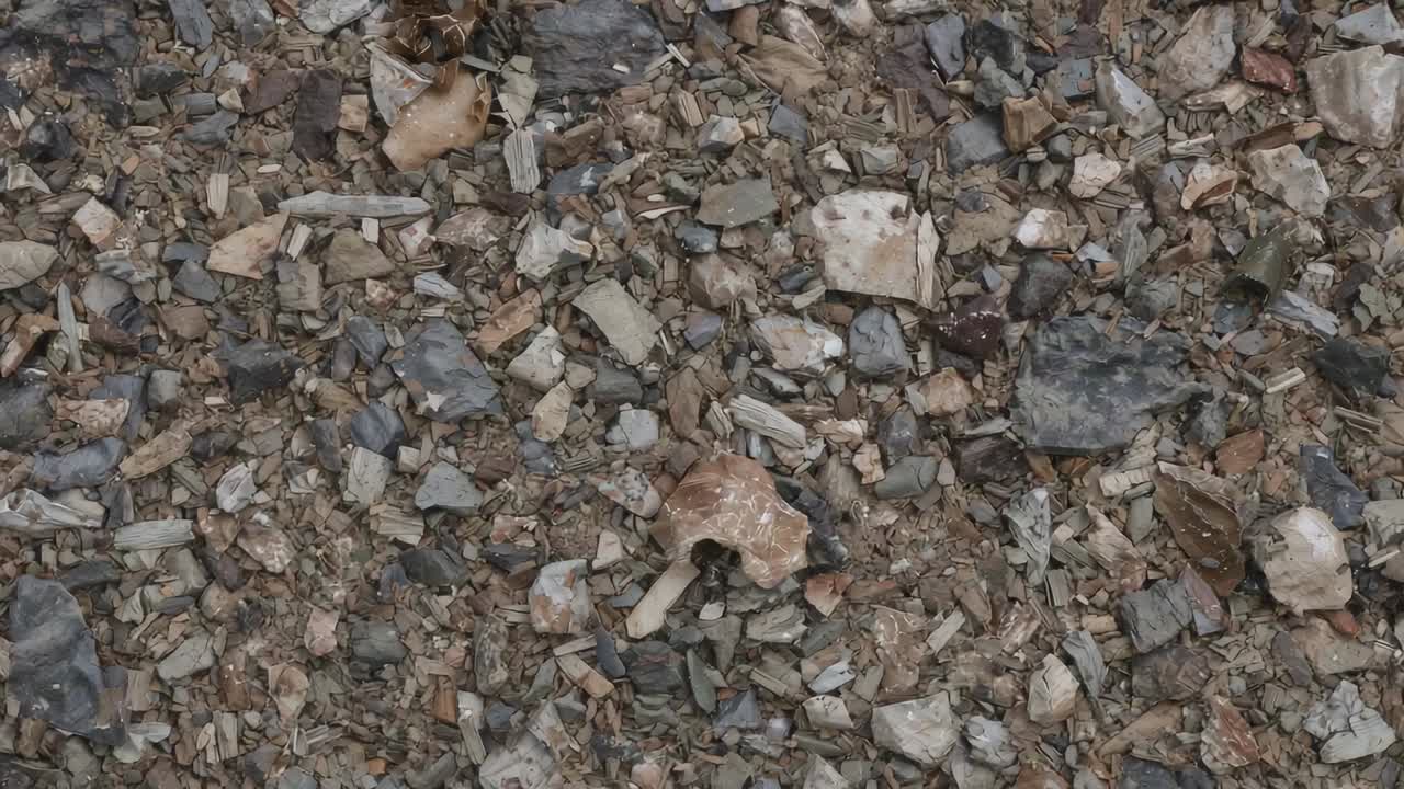 Overhead kamera glider hen over skaller og sten ved kystlinjen og blotlægger brun champignon