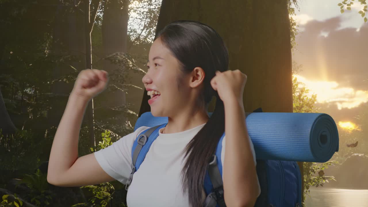 숲에서 산책하는 행복한 여자