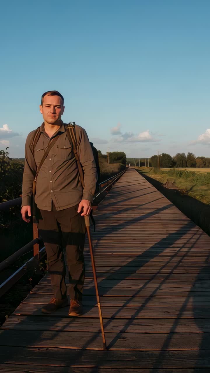 Video verticale: bastone da piantare, uomo con camicia color oliva che porta un oggetto alla bocca su un ponte con uno zaino