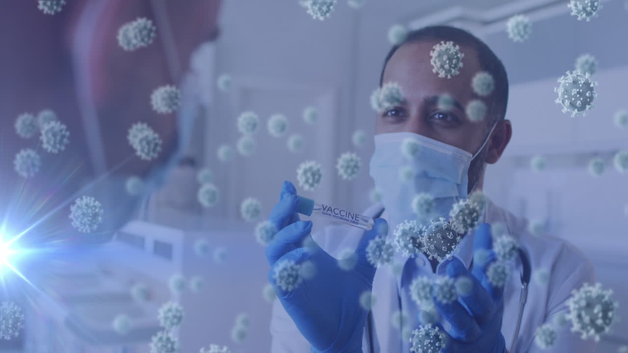 animación de un médico de dos razas con vacunas y células de virus