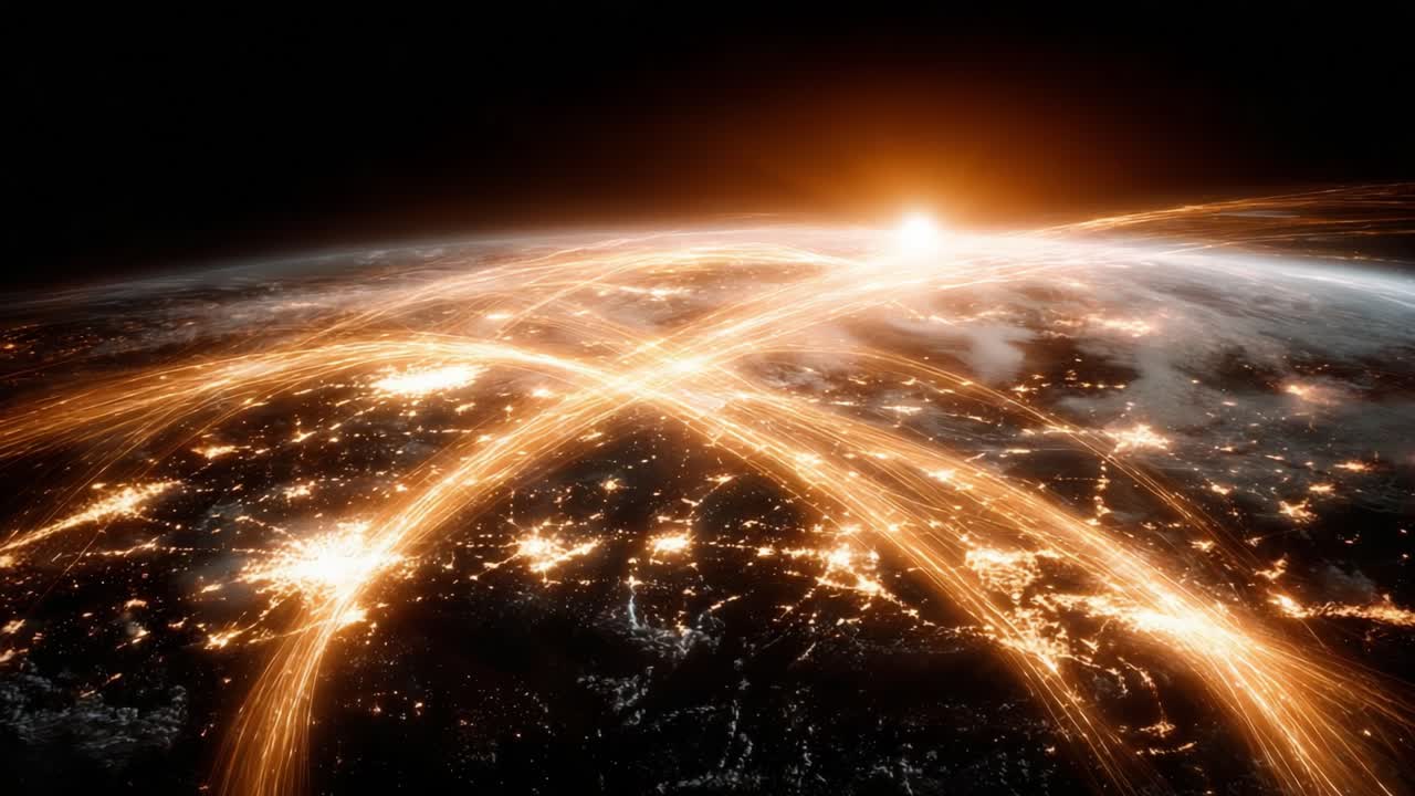 A Dazzling View of Earth from Space Showcasing Radiant Light Trails and the Sun Rising Over the Horizon, Capturing the Beauty of Our Planet's Connectivity