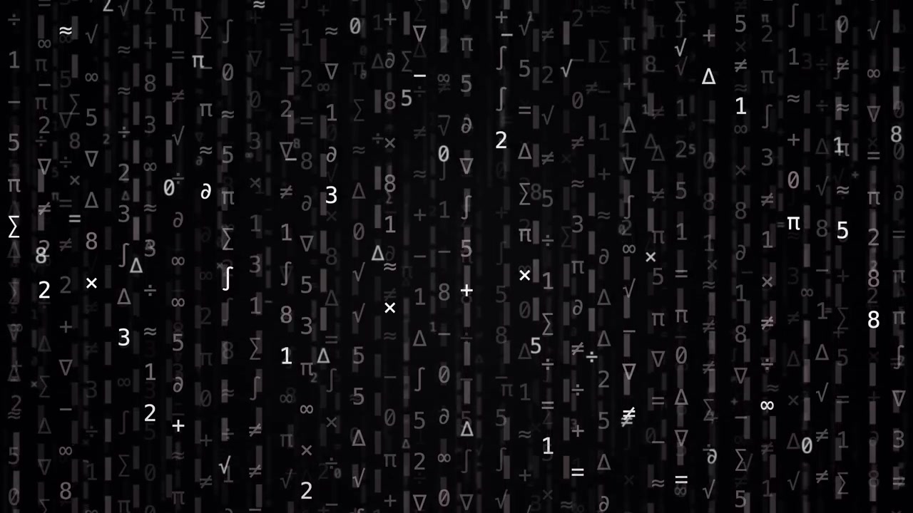 Hvide matematiske symboler og tal falder lodret mod en mørk baggrund i digital regn-stil