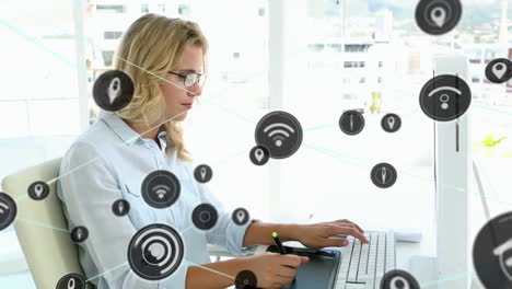 animation of network of connections with wifi icons over caucasian businesswoman in office