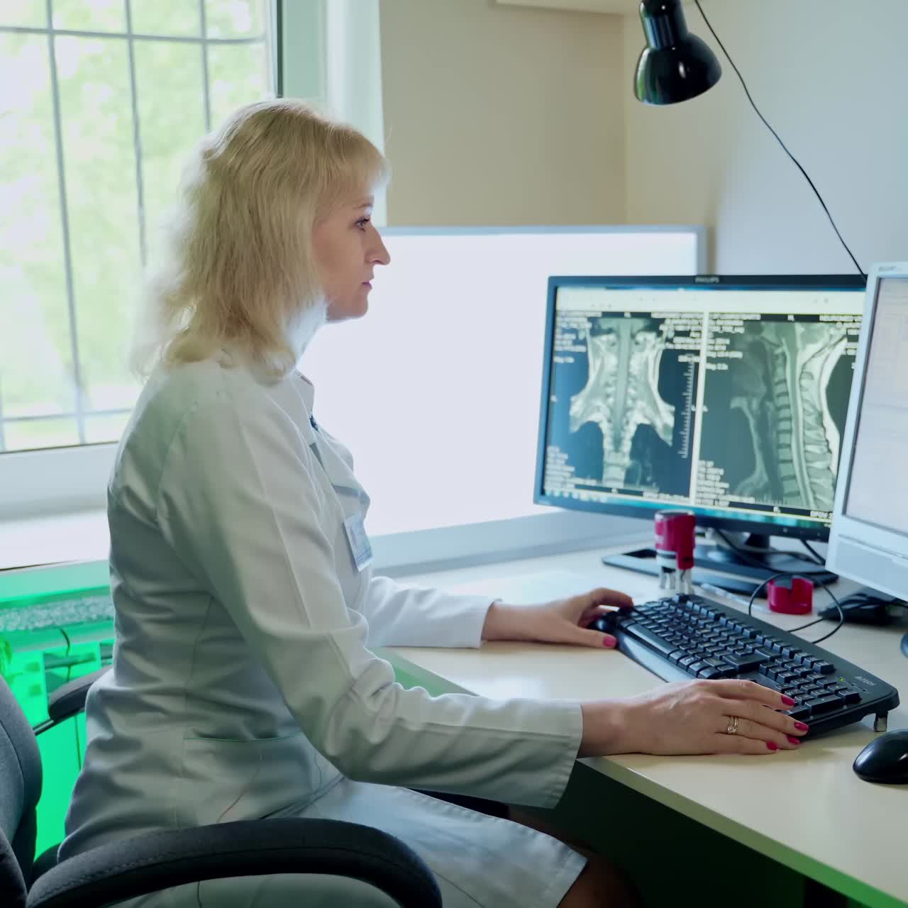 Physician In Front Of Computer. Medical research scientist typing on desktop computer