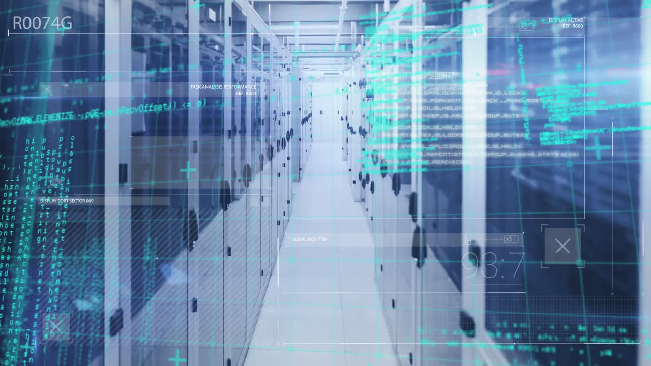 Animation of data processing over grid network against computer server room