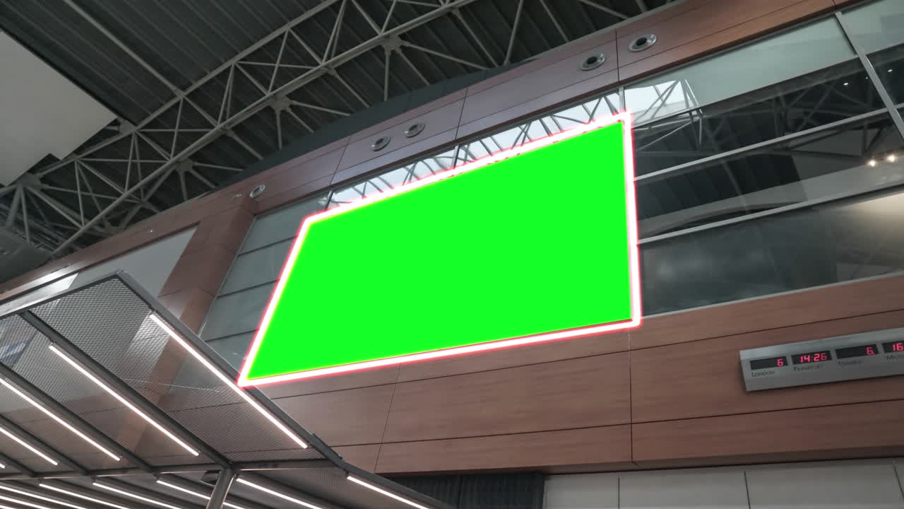 녹색 화면, 알파 채널, 공항 홀에 크로마 키 프레임, 마케팅을 위한 큰 배너.