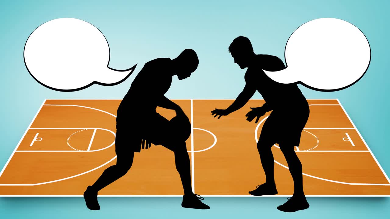 Animation of silhouette of basketball players with speech bubbles on blue background