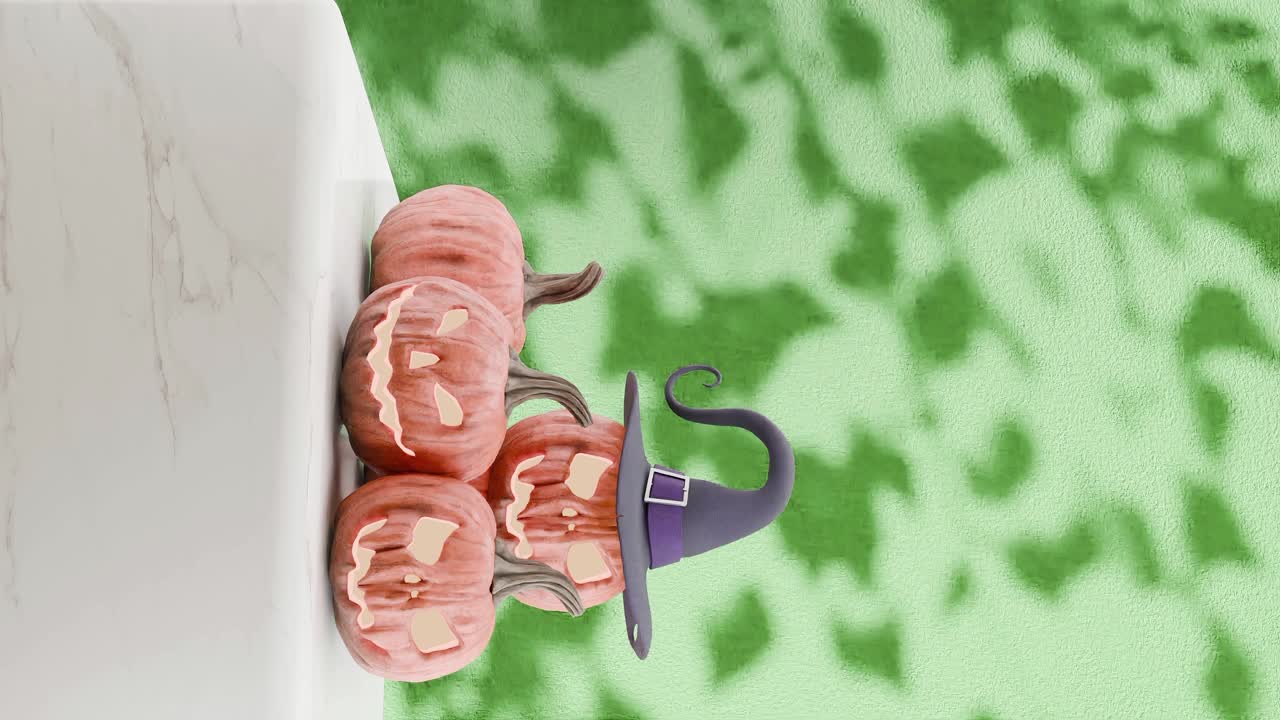 хэллоуинские тыквы с шляпой ведьмы бросают тени на зеленый фон вертикально