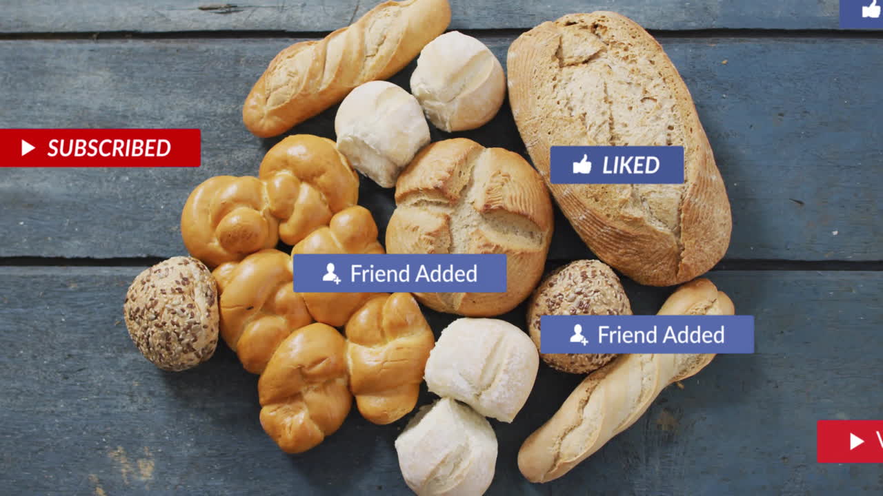 Assorted bread loaves on wooden surface with animation of social media notifications
